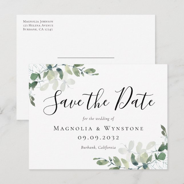 Carte Postale Mariage Eucalyptus Enregistrer La Date (Devant / Derrière)