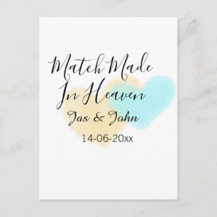 Carte Postale Mariage fait au ciel bleu jaune pastel cœur nom