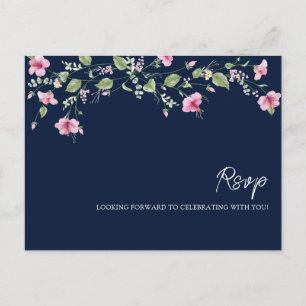 Carte Postale Mariage Fleur d'Hibiscus Rose Bleu Navy Poussiéreu