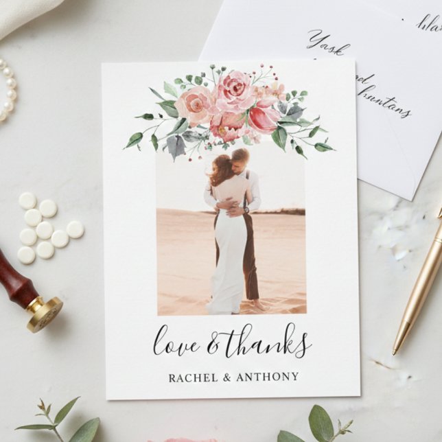 Carte Postale Mariage Fleur Rose Blush Photo Amour et Merci (Créateur téléchargé)
