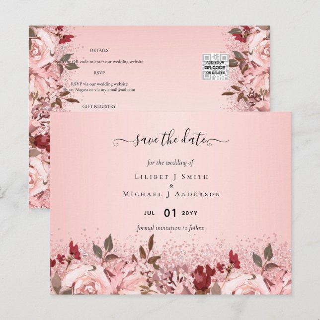 Carte Postale Mariage Fleur Rose Gold Bourgogne (Devant / Derrière)