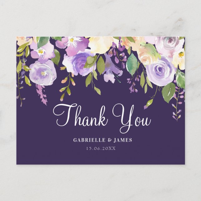 Carte Postale Mariage fleuri violet merci (Devant)