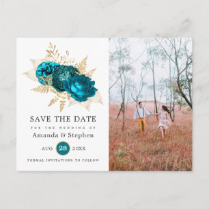 Carte Postale Mariage Fleuris Sépia et Turquoise "Événement à ne