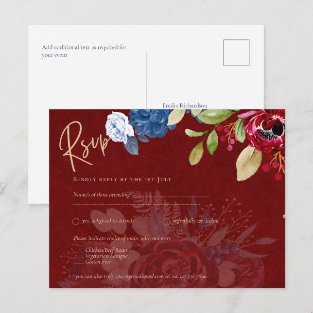 Carte Postale Mariage Floral bleu Bourgogne rustique RSVP (Devant / Derrière)