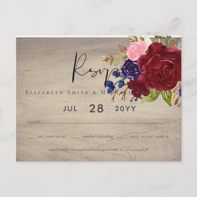Carte Postale Mariage Floral bleu Bourgogne rustique RSVP (Devant)