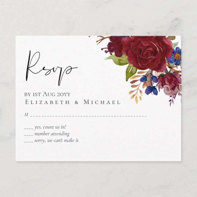 Carte Postale Mariage Floral bleu Bourgogne rustique RSVP (Devant)