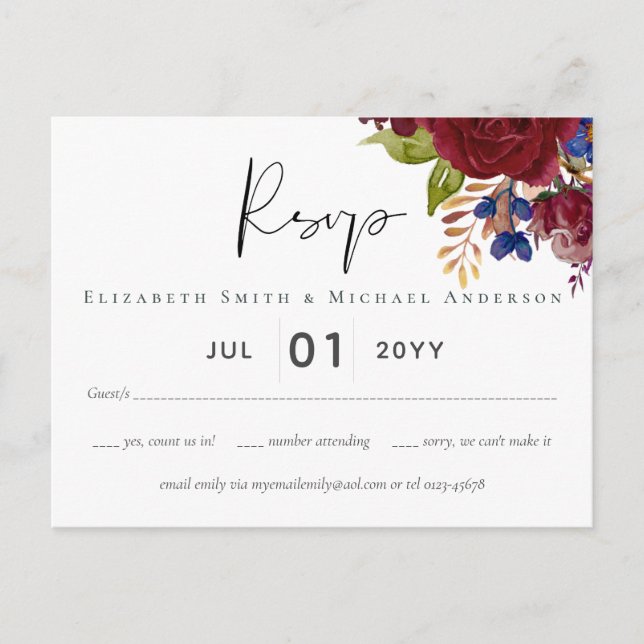 Carte Postale Mariage Floral bleu Bourgogne rustique RSVP (Devant)