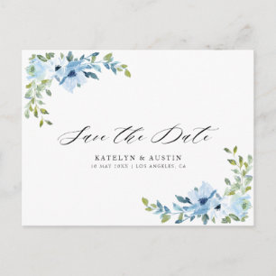 Carte Postale mariage floral bleu clair enregistrer la date cart