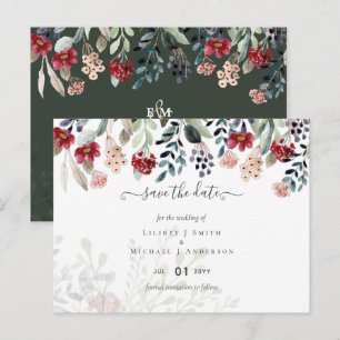 Carte Postale Mariage floral bleu de Bourgogne vert élégant