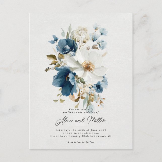 Carte Postale Mariage floral bleu et blanc (Devant)
