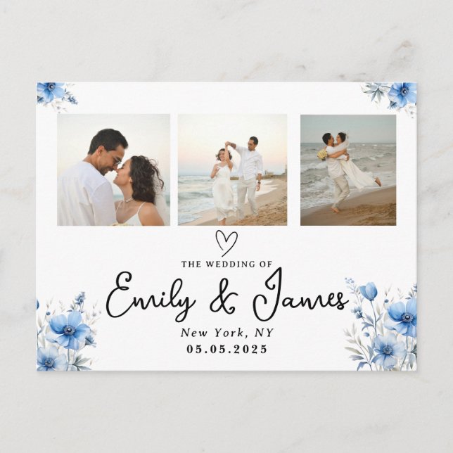 Carte Postale mariage floral bleu noir Script Photo Strip (Devant)