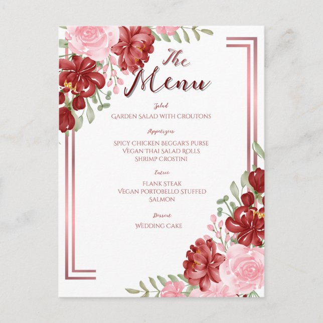 Carte Postale Mariage floral bordeaux et rose (Devant)