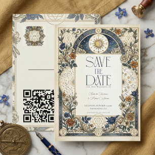 Carte Postale Mariage Floral Céleste Vintage QR Enregistrez la D