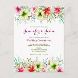 Carte Postale Mariage floral d'amaryllis rouge magenta à l'aquar