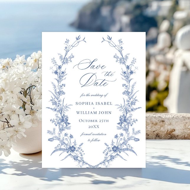 Carte Postale Mariage Floral de Jardin Français Bleu Poussiéreux (Créateur téléchargé)