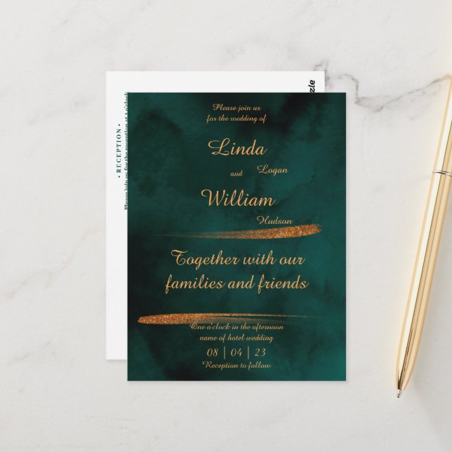 Carte Postale Mariage floral Mer profonde Vert foncé Aquarelle (Devant/Arrière en situation)