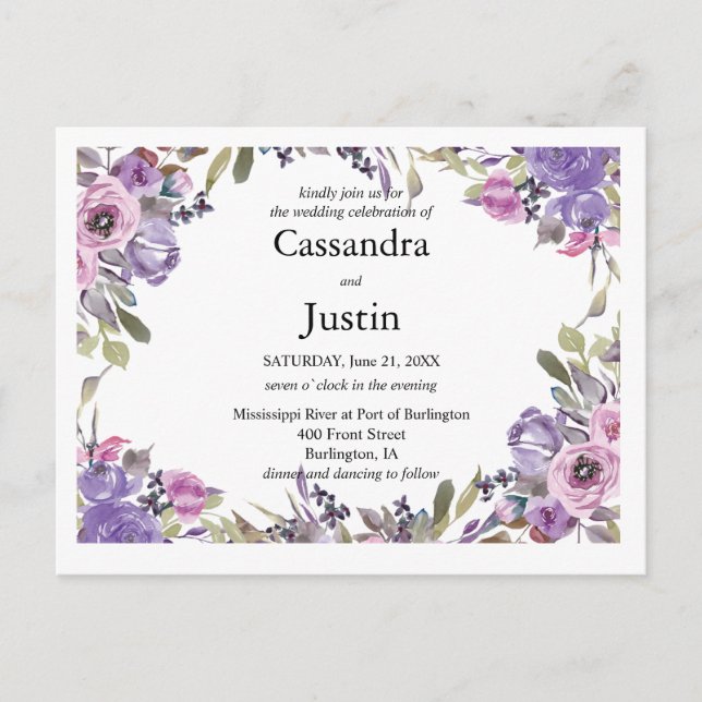 Carte Postale Mariage floral pourpre Inviter (Devant)