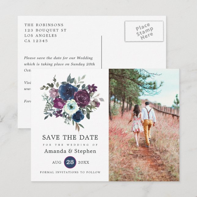 Carte Postale Mariage floral prune et marine (Devant / Derrière)