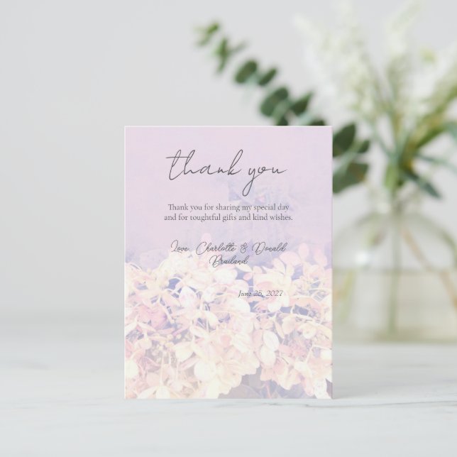 Carte Postale Mariage Floral Romantique aux Hydrangeas Roses  (Debout devant)