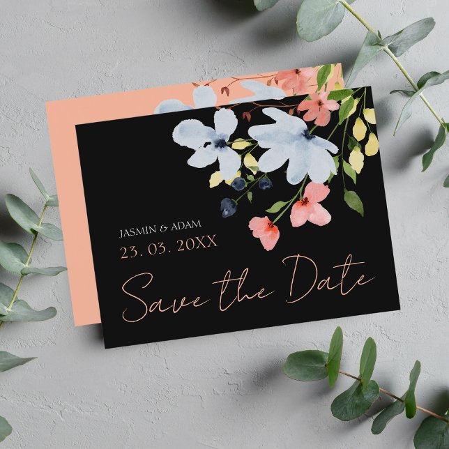 Carte Postale Mariage floral rose noir simple Enregistrer la dat (Créateur téléchargé)
