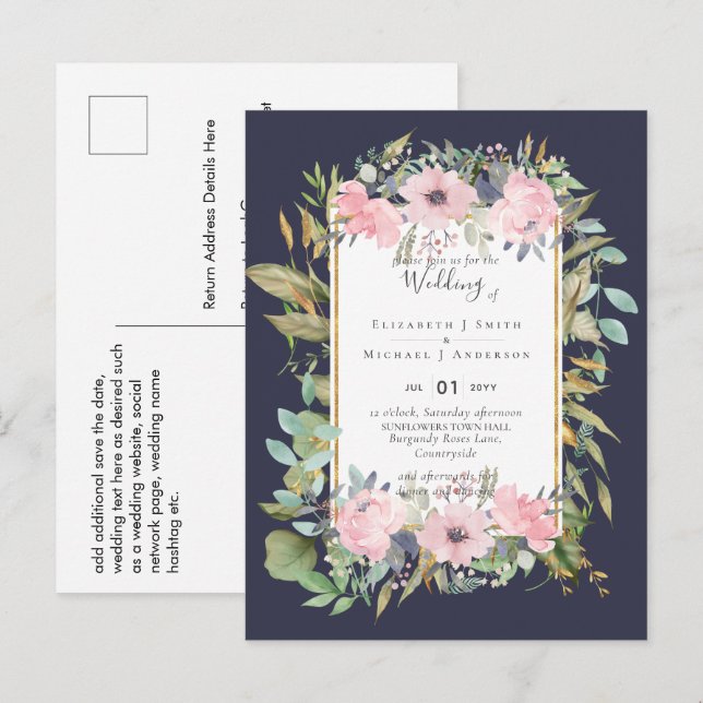 Carte Postale MARIAGE floral rose pâle (Devant / Derrière)