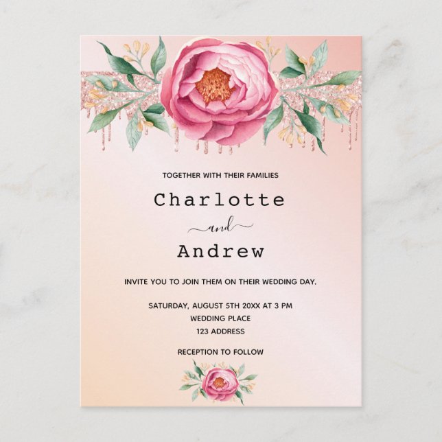 Carte Postale Mariage floral rose rose rose rose rose parties sc (Devant)