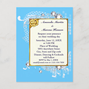 Carte Postale Mariage Image Cadre Or et Bleu Budget et Diamants
