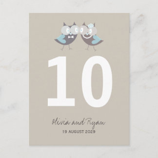 Carte Postale Mariage lunaire Chouettes bleues Brown Numéro de t