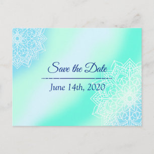 Carte Postale Mariage Mandala bleu et Turquoise Enregistrer la d
