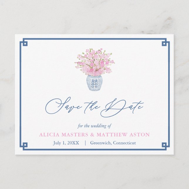 Carte Postale Mariage Marine Et Chinoiserie Rose Enregistrer La  (Devant)