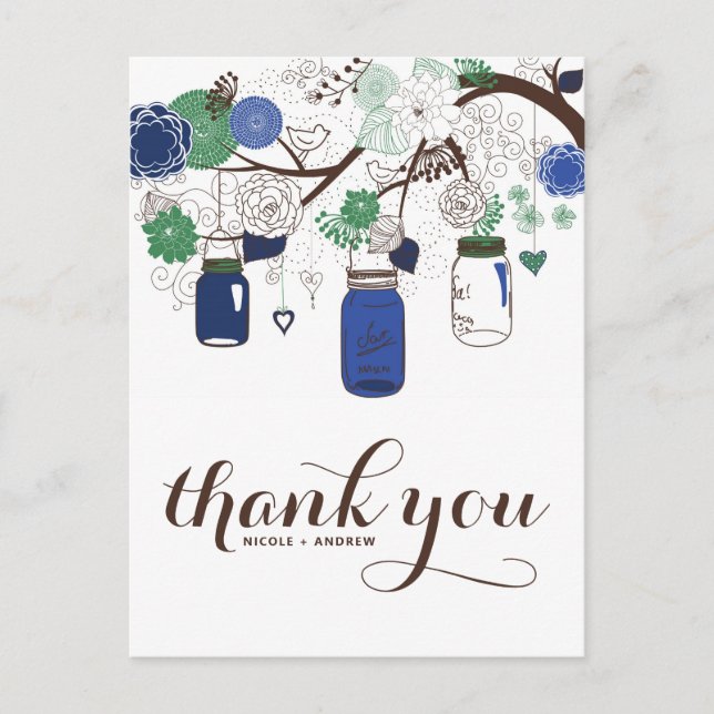 CARTE POSTALE MARIAGE MASON JARS BLEU & VERT MASON (Devant)