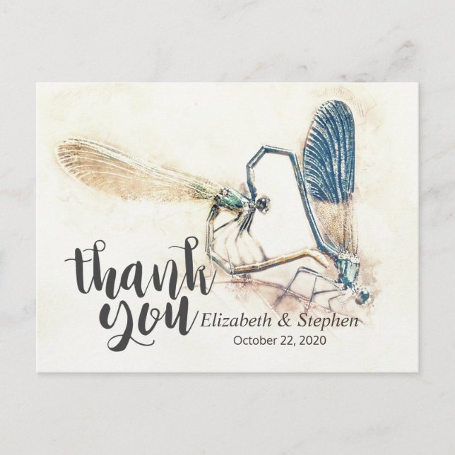 Carte Postale Mariage Merci Aquarelle Dragonfly Mating Love (Devant)