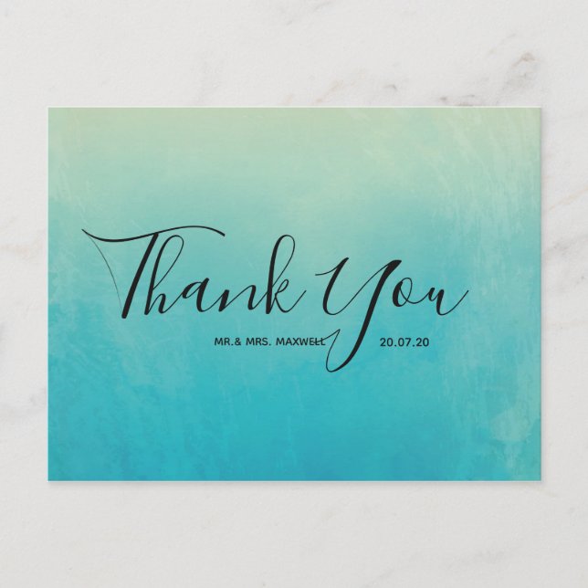 Carte postale mariage Merci bleu Aquarelle Script (Devant)