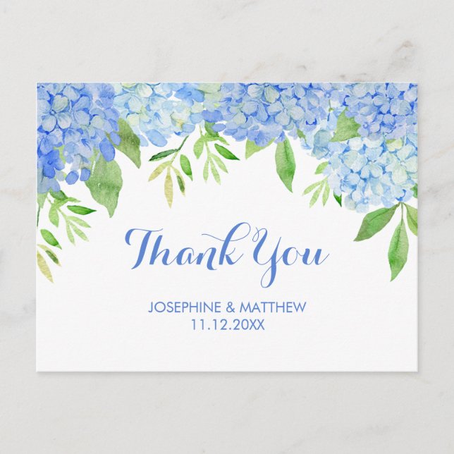 Carte Postale Mariage Merci Hydrangea Blue Watercolor Floral (Devant)