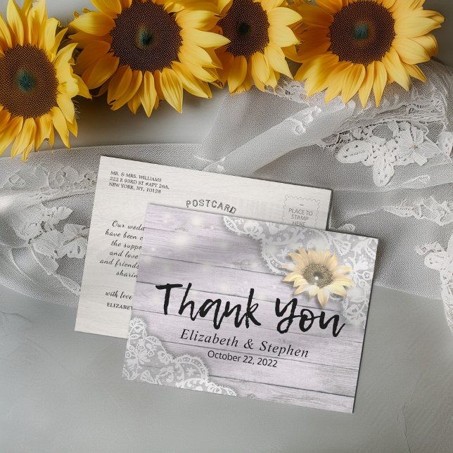 Carte Postale Mariage Merci Lace Tournesol Rustique Bois clair (Créateur téléchargé)