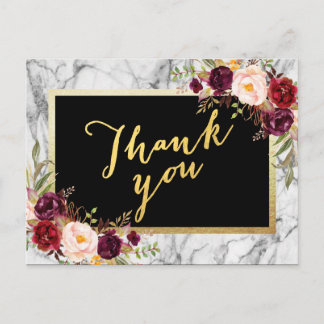 Carte Postale Mariage Merci Or Bourgogne Marbre Floral