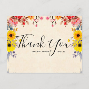 Carte postale mariage Merci romantique Floral Scri
