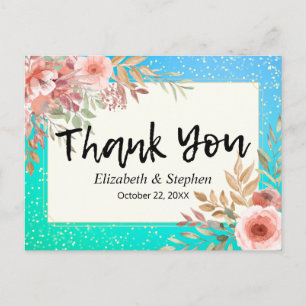 Carte Postale Mariage Merci rose Fleurs Turquoise or Confetti