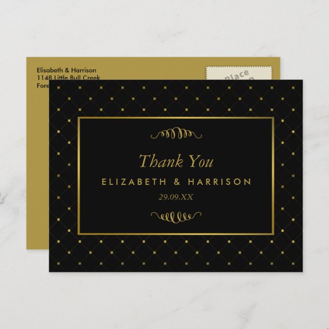 Carte Postale Mariage moderne Black & Gold Foil Effet Merci (Devant / Derrière)