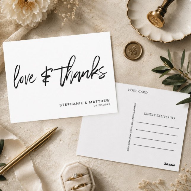 Carte Postale Mariage Moderne Blanc Love and Thanks (Send a beautifully sophisticated and budget-friendly note of appreciation with this modern white)