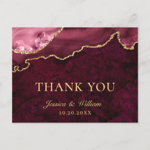 Carte Postale Mariage moderne en marbre doré bordeaux Merci