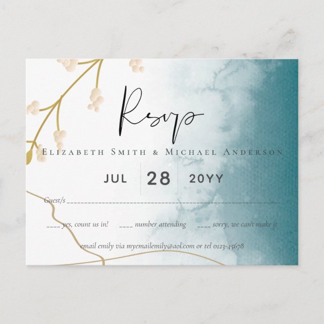 Carte Postale Mariage moderne Misty Blue Gold (Devant)