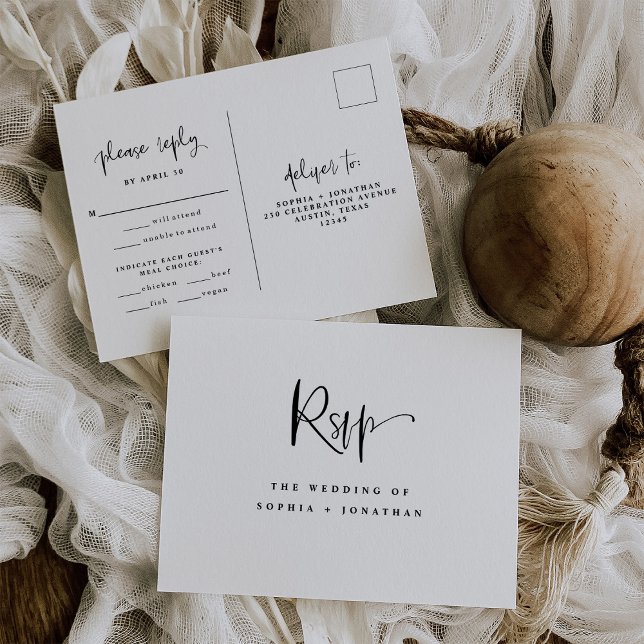 Carte Postale Mariage moderne noir et blanc | Choix de repas RSV (Créateur téléchargé)