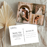 Carte Postale Mariage moderne Photo Collage Merci<br><div class="desc">Beau carte de remerciements mariage avec trois de vos photos de célébration mariages préférées. Customisez le côté avant avec votre photo (en utilisant une photo foncée sur le côté gauche aidera le texte blanc pop). Ajoutez vos détails à l'arrière de la carte. Vous pouvez commander une carte à la fois...</div>