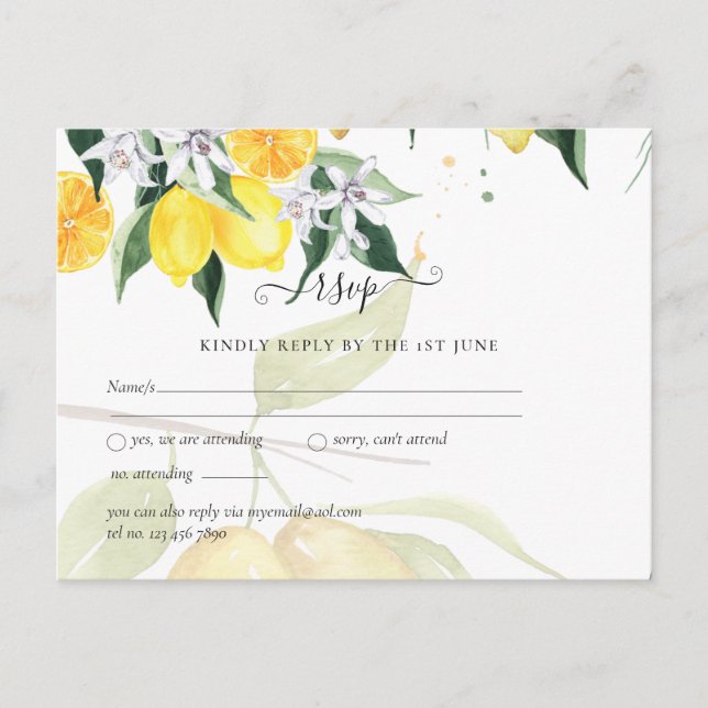 Carte Postale Mariage moderne RSVP Lemon Tree (Devant)