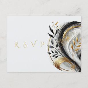Carte Postale Mariage moderne RSVP noir blanc et or