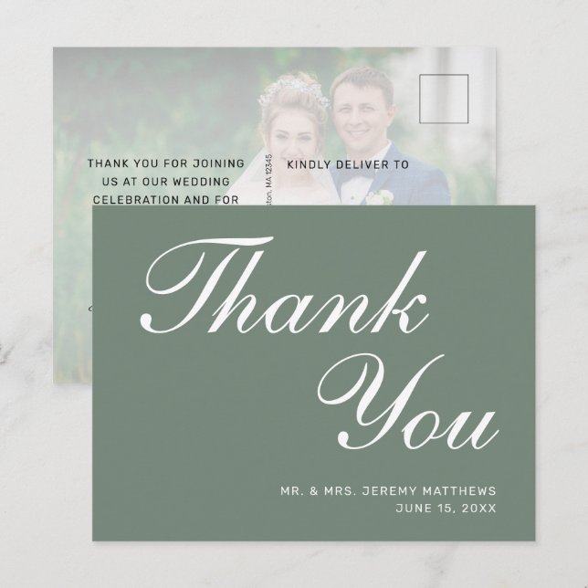 Carte Postale Mariage moderne Sage Vert blanc Script  Merci (Devant / Derrière)