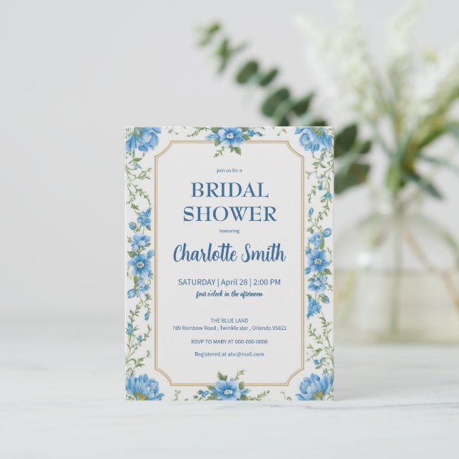 Carte Postale Mariage moderne tendance bleu chinoiserie (Debout devant)
