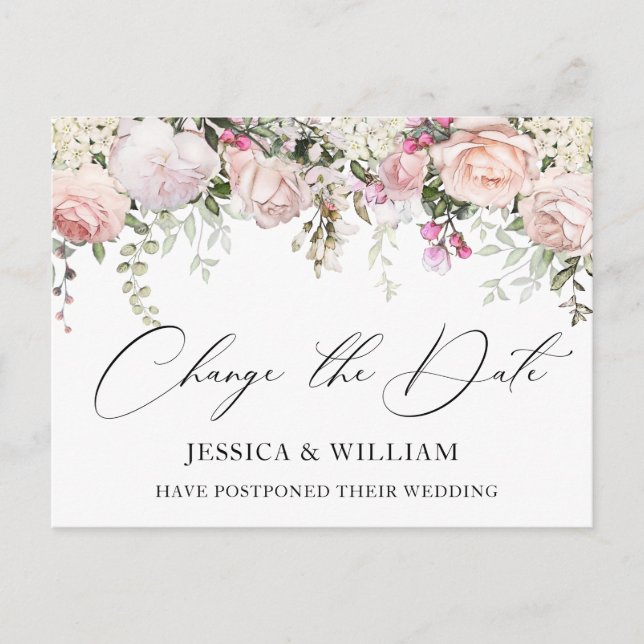 Carte Postale Mariage Modifier la date Elegant Blush Roses (Devant)