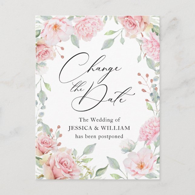 Carte Postale Mariage Modifier la date Elegant Blush Roses (Devant)